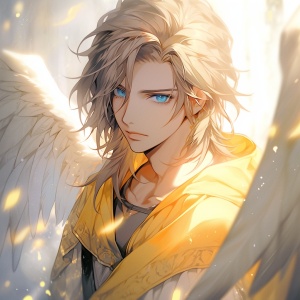 痞帅天使，棕发蓝眼黄色羽翼男孩
