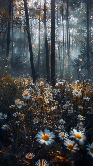 清晨，光打在森林里，清幽，梦幻。倍感轻松，高清摄影，野花