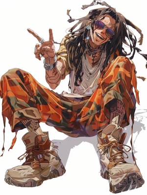 A character concept art of an eccentric raver in the style of Yoji Shinkawa, wearing baggy pants and sneakers with musical notes on them, laughing while sitting down and pointing to his feet. He has long hair tied back into dreadlocks and is wearing sunglasses. The background should be white. In the artistic style of Yuki. Isolated white background. Full body pose. Detailed anime art style. ar 91:128