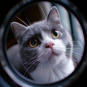 An adorable British blue and white shorthair cat,shot with a fisheye lens that emphasizes the cat's face,which fills the lens