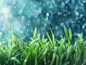 雨纷纷，春天的草地上破土而出的花草，绿意盎然，高速摄影，特写，低角度，焦外成像，高感光，