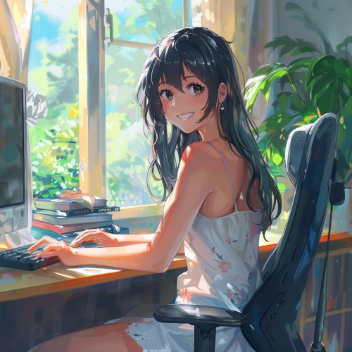 晴天，一个20岁穿着裙子的女生，散发，坐在电脑椅子上，女生满脸微笑，黑色头发，