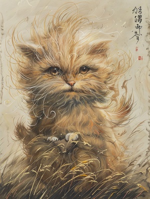 蜡笔风的虎斑猫，大师作品，超多细节，真实，细节超丰富，毛发超丰富