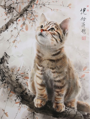 蜡笔风的短毛虎斑猫，大师作品，超多细节，真实，细节超丰富