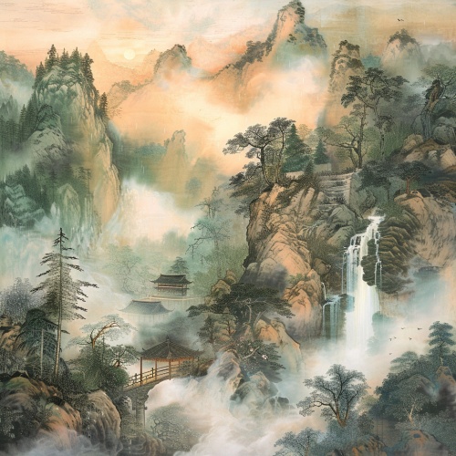 请模仿根据隋唐时期风格特点，创作一幅气韵生动的山水画
