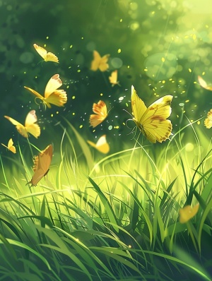 草长莺飞的季节，一片嫩绿色的草丛，草上有露珠，草丛中，有几只蝴蝶在飞舞，其中有一只金色的蝴蝶在阳光的照射下熠熠生辉，金色的蝴蝶抖动翅膀洒下金粉。动漫风格，高清晰，春天氛围感，阳光，光晕，梦幻