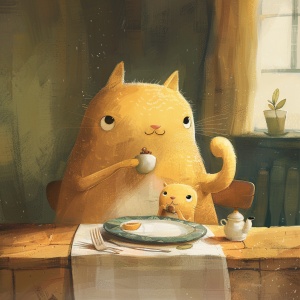可爱黄猫与小伙伴的丰富插画聚餐