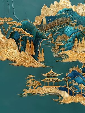 千里江山咒语：Chinese embroidery craft of a golden-blue-green mountain , with pavilions and trees, gilding, flowing liquid gold, minimalist color field, freehand brushwork, blank-leaving, organic form ar 3:4 v 6金蓝色青山的中国刺绣工艺，亭台楼阁，镀金，流金，极简色场，写意留白，有机形式#壁纸 #AIGC插画 #midjourney #midjourney咒语 #山水画 #中国风元素