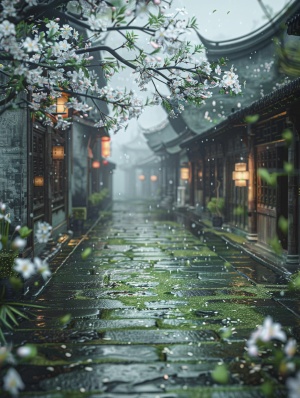 Chinese ancient surreal CG rendering, the misty rain at night in an old street of Jiangnan water town. A green stone road leads to the distance, with two-story antique buildings on both sides of a green wall. White cherry blossom tree branches hang down with flowers and leaves, in the style of realistic art. Soft light illuminates the scene. ar 9:16