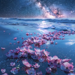 "The picture is transparent, a silvery white big crescent is scattered on the beach with the Milky Way stars, there are many fuchsia and blue peaches floating on the beach, fuchsia and blue peach blossoms, many fuchsia and blue Peaches Floating on the Sea Flower, Silver, Ultra Wide, Unreal Engine, HD,