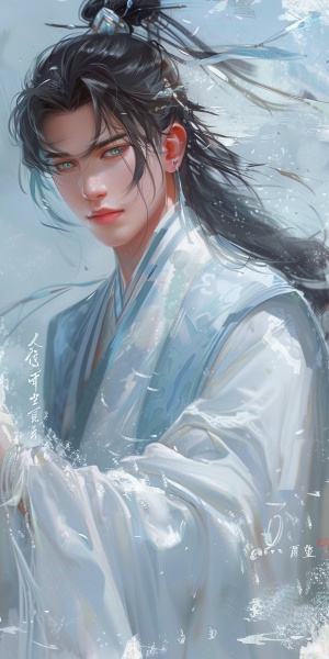 一个很漂亮的中国黑发男生，绿色的眼睛，白蓝色短袖衣服，白蓝色的背景，极简主义画家风格