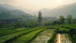 农村的早晨，有稻田，有蔬菜园，有房舍，有梨树，桃树，远山。高清