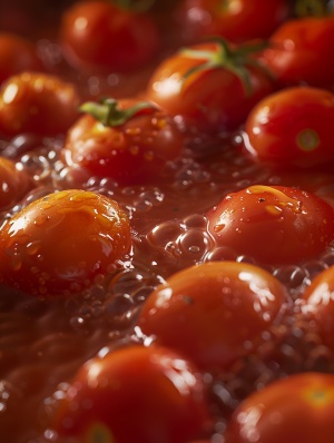 番茄火锅，切开的番茄，模拟相机拍摄，仰拍，汤煮开翻滚，番茄不要太多，主要体现汤，局部特写汤