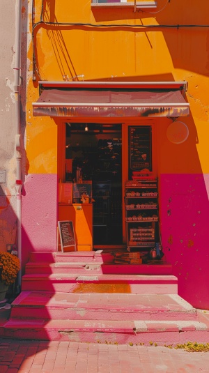 阳光明媚的纯色的橘粉色的背景，正面，前面有阶梯和几个展台