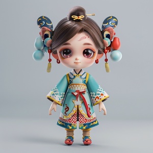 Full body, with a front view, the super cute girl is wearing a fish shaped hairband, which is fashionable at the time. The clothing features technological elements and traditional Chinese batik patterns. Simple background, natural light, blind box style chibi, handmade, bubble mat, IP design. Best quality, 3D model, C4D, OC rendering, etc., niji 6-s50- ar 16:9