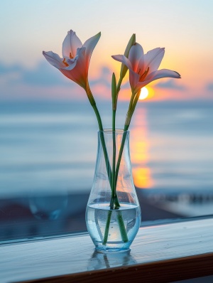 木桌上的修长广口玻璃花瓶与清新素雅的小花