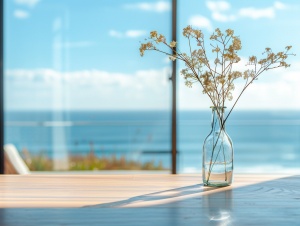 一张木桌上放了一个漂亮的修长广口玻璃花瓶，花瓶里插了几朵清新素雅的小花。，通过海景房的落地窗能看见对面的海景。