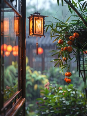 到了晚上，中式园林建筑风格，古色古香的灯笼，潮湿的空气在潮湿的璐璐地面上，雾霾天气里，种上一片竹子，一杯茶，一本书，一棵长满柿子的树，看着窗外花开花落，听着雨打竹叶，岁月感觉朦胧的气息。微距镜头
