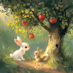 小白兔和小松鼠站在大树下，抬头看书上的红果子，阳光充足，森林里