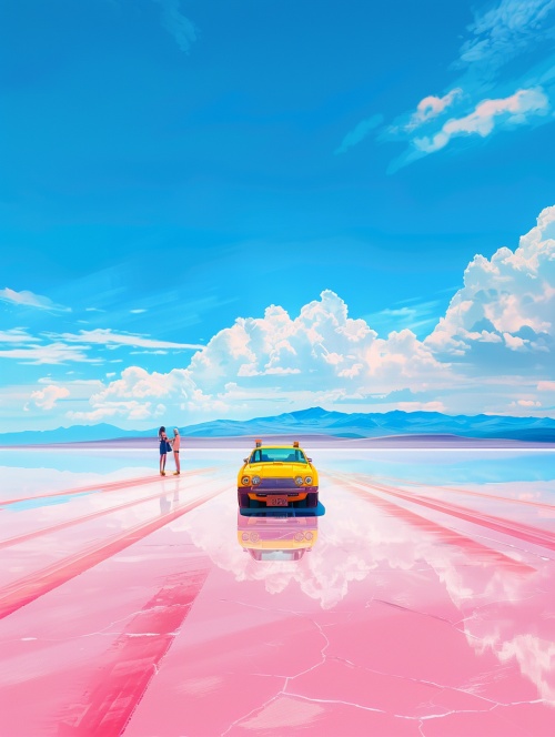 A minimalistic movie poster,yellow car full to roof driving on pink salt lake towards camera with sky above and clouds,small group standing out side of frame hugging each other,symmetrical,pastel colours,bright blue sky,simple art style,high resolution,high details,vector illustration,35mm film look,wide angel shot,neon lighting,surrealism,dreamy lofi photography