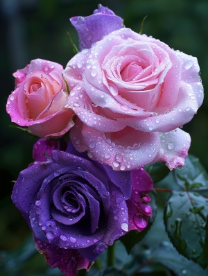 三到四朵紫色和粉色白色的玫瑰,花瓣上的露珠,背景中的绿叶,高清摄影,高分辨率,美丽的细节,高详情,最佳品质。