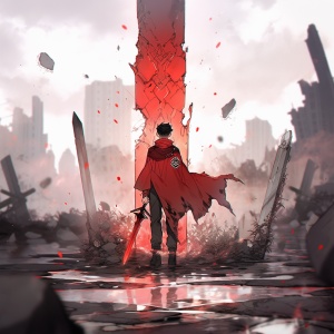 一个穿着红色衣服的男人，拿着长刀站在地上，拔刀的动作，废墟背景，远景