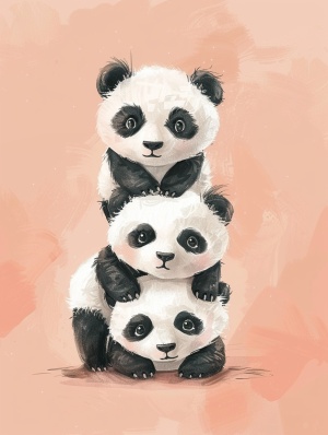 一只游走在世界边缘的小熊猫，以独特的姿态探索着每一寸土地。在我看来，每一片叶子，每一颗星星，都有它独特的故事和美丽。我的身影虽小，但我的梦想高远，像是寻找地平线上的秘密，追逐那未知的边际。完整咒语Cute little pandas, Super exaggerated fluffy hair,pink background, three cute panda babies stacked together, fluffy and delicate fur, cartoon style, cute anime style, ultra high definition resolution ar 9:16 s 250