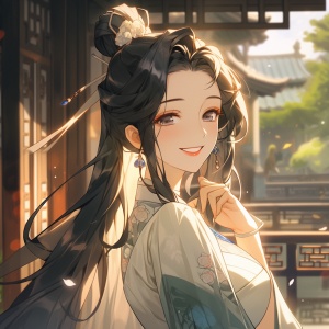正面，一个年轻漂亮的女人，黑色长发马尾，穿着漂亮浅色汉服，愉悦的心情，站着，微笑，十分优雅的感觉，古代庭院，中国古风风格，