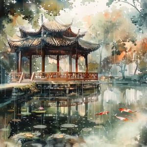 古风园林与水彩气泡的诗意旅🎨探索不一样的中国风情，一段水墨与水彩的美丽邂逅！🏮在这里，古典的亭台楼阁与梦幻的水彩气泡相遇，构筑出一幅幅如诗如画的江南美景。🌉每一帧，都是高清细节下的中国式园林美学，每一滴，都蕴含着梦幻色彩的水彩气泡。🌳从竹林深处的静谧氛围，到荷花池波光粼粼的清新夏日；从古风园林小径的诗意栖居，到锦鲤在水中游弋的动静结合；每一处，都是一次光影交错的美学体验。💫📚不仅如此，书院门前的古树、亭中观雨的幽静雅致，以及花园中的石桌石凳，都在绚烂的水彩气泡中展现出别样的文化气息和闲适午后。🚣‍♂让我们一起乘坐竹筏，漂浮在清澈湖面上，追寻那些被水彩气泡点缀的古风美景，体验一场梦回江南的诗意旅行。来，跟我一起，探幽寻静，发现古典与现代融合的独特韵味，感受这一场视觉与心灵的盛宴吧！🍃