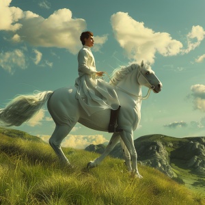 8k 小伙子，绿色草原骑着白马，身体壮实，有气质精致的五官，大眼睛双眸明亮有神，真实感高清，高画质，草地背景，五官细节逼真