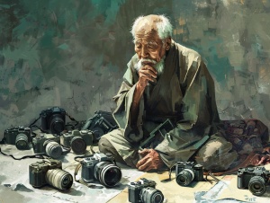 一位有艺术范的中国老人，坐在地上，地上堆满了各种各样的照相机，老人在思考问题。