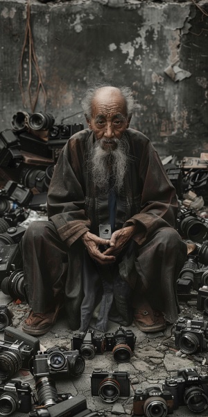 一位有艺术范的中国老人，坐在地上，地上堆满了各种各样的专业高档照相机，老人在思考问题，老人衣服破旧不堪。