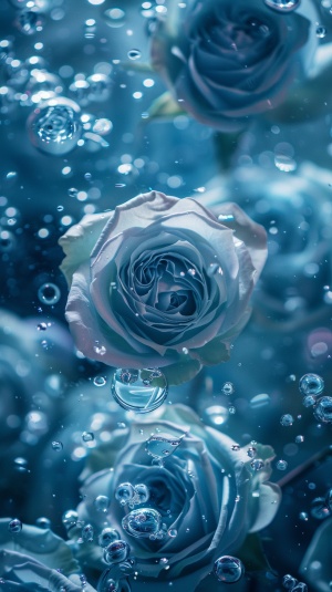 蓝色海洋，玻璃质感蓝色玫瑰花，漂浮水珠，波光粼粼，镜面反光，朦胧，8k分辨率，高质量，壁纸，抽象风格，微距镜头，清晰细节，冷色调，静态。