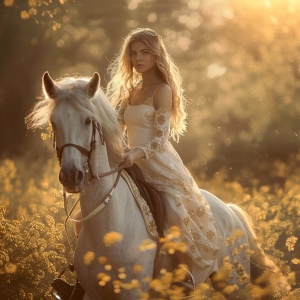 一个美少女,暖白色,干净背景,黄金,骑马,招手,全身镜头,前视图,柔和照明,层次光,春天,落日