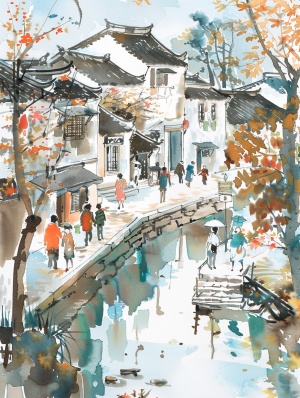 小镇人家水彩画宁静的流水人家 舒适随性的生活～🎯关键词：A colorful illustration by Wu guanzhong. Spring,The Grand Canal of China in the seventeenth century,village，river，town，Childlike,ingenious composition and blank space, featuring stone and water ink, with extremely light ink, minimalist, cool colors, a sense of lines, minimalist style. ar 3:4 s 250 v 5.2#ai #midjourney关键词 #Ai绘画 #midjourney #水彩手绘 #水彩风景 #水彩 #小桥流水人家 #水彩手绘 #ai关键词 #日常生活里的快乐瞬间 #我和ai有画说 #ai漫画 #艺术创作 #艺术欣赏 #艺术 #艺术家分享