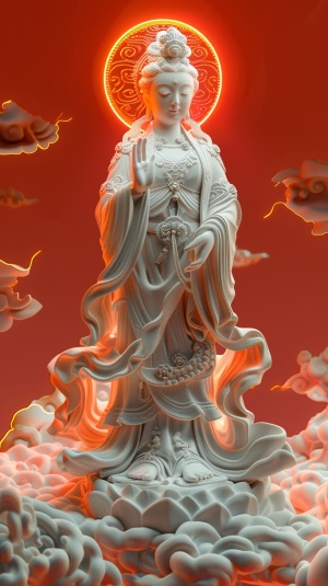 Statue of Goddess of Mercy (Sanskrit: Goddess of Mercy)，Cloisonne enamel,white and orange color scheme, with Chinese style patterns on the cloud surface. The background is red, gold lighting effects glowing inside the pattern，8k, soft edges, high contrast between light and dark, and layered effects,C4d, blender, high detail, best quality. ar 3:4