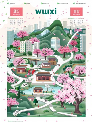 城市插图创作者:mlzyz咒语:"Wuxi" city infographic, wide angle view, cherry blossoms, with "Wuxi", Lingshan Buddha, the second spring in the world, clear infographic font "Wuxi". Superior quality and detailed cartoon illustrations. Pink and light green tones ar 3:4 stylize 250关键词解析"Wuxi" city infographic "Wuxi" 城市信息图wide angle view 广角视角cherry blossoms 樱花盛开（可以试试其它的花哦）Lingshan Buddha 灵山大佛with "Wuxi" 这种精准呈现字母的，只有V6才有这个功能。clear infographic font "Wuxi" 清晰的信息图标志字体WuxiS