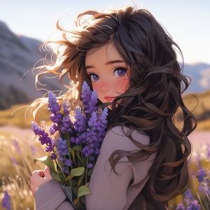 一个女孩站在种满鲜花的山坡，举着一束薰衣草，穿着紫色卫衣，大大的眼睛，长长的睫毛，棕色眼睛，黑色长卷发，正面照，远景照8k超高清画质，梦幻唯美