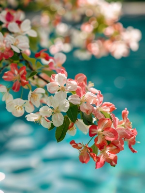 唯美海棠花绽放在清晨池畔，红白粉色花瓣的绚烂舞动