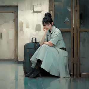 日常风，一个女孩子，扎着丸子头，坐在医院的大厅里，等待检查，两边是冰冷的关闭的门，