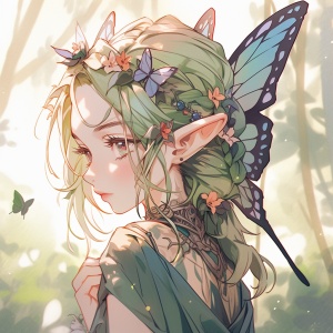 绿发女孩：双髻、蝴蝶纹身与精灵翅膀
