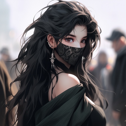 中国年轻女人，言情小说封面，精致细节的五官，高傲冷漠的表情，现代都市背景，动漫风格，穿着休闲装。一头长发，散发着温柔与优雅。半身像，正面照，戴着黑色口罩