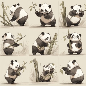 Cute Chinese rabbit holding a bamboo,A Chinese panda holding a bamboo,multiple poss andexpressionsas,exaggerated,angry,happy, scared,Surprised,etc.,as anillustration set,in the style of boldmangalines,dynamic pose,dark white background,emoticon pack,nine palace grid layout,Old Meme Kernel,Chalk ar3:4s 400niji 5
