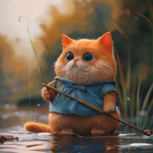 肥胖的橘猫，深蓝色的眼睛，穿着美团外卖衣服，手里拿着鱼竿，坐在河边钓鱼，表情可爱，动作拟人。