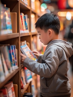 一个亚裔的可爱男孩在书店认真挑选中文书籍，8k超高清，逼真的，超细节渲染，超细节,长焦镜头