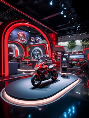 A large independent booth design, exhibitiondesign, with the exhibition hall as the background, a YAMAHA motorcycles as exhibits on display in the booth, a white circular floor in the middle of the booth, exquisite display of a red motorcycle, surrounded by screens, LED wall, greenplants,Unreal Engine, shot with 50mm lens, ultra wide angle, depth of field, ultra detail, fine color coding, crazy detail, intricate detail, volumetric lighting, contour lighting, accent lighting, global lighting, crazy detail an