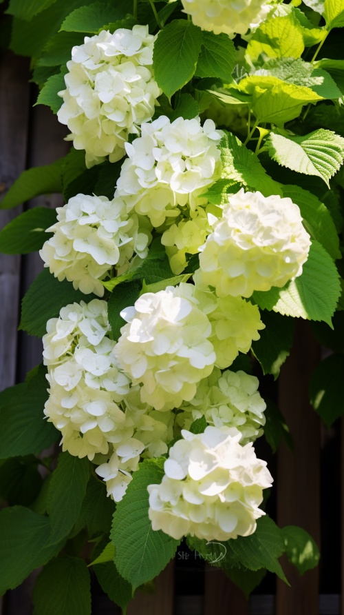 A white hydrangea tree hanging with many large flowers, with dense and full flower balls that look like snowballs. The leaves of the background green wood grain house have rich details. Close-up shooting under natural light, high definition photography. High resolution, high quality images, super detail, super realistic, in the style of professional photography. ar 35:64