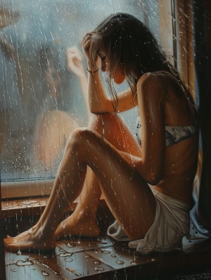 夏天，一位女子坐在窗台上，窗外下着雨