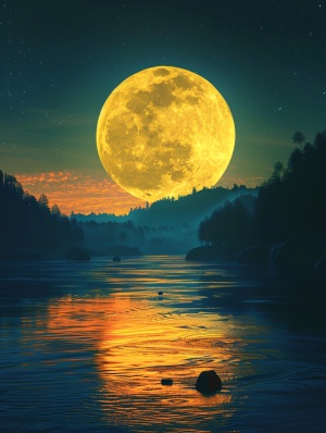 宽阔无边的河流，居中，硕大无比的黄色月亮，巨大的月亮落在地平面上，空旷的夜晚，开阔的河流，远处的深林