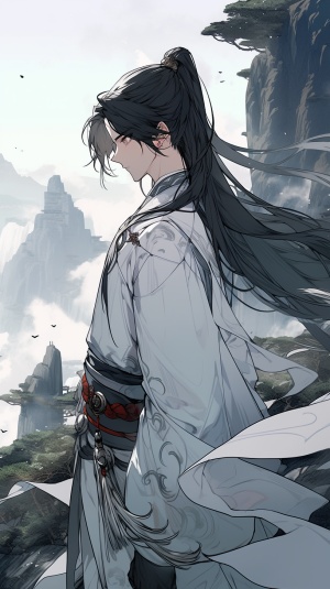 动漫少年，中国古代风格，一名穿着银白色铠甲的男子站在悬崖边，黑色长发，微风